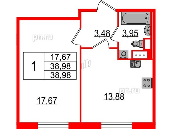 Квартира в ЖК Sertolovo Park, 1 комнатная, 38.98 м², 2 этаж