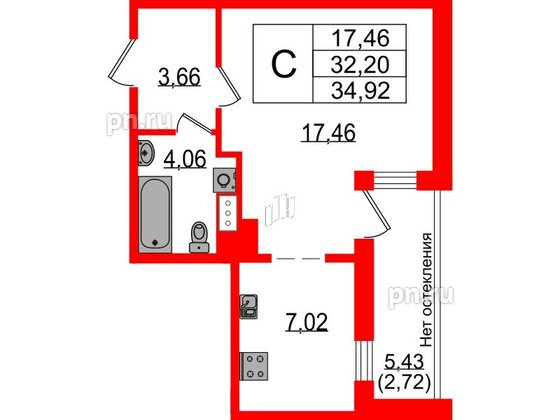 Квартира в ЖК Sertolovo Park, студия, 34.92 м², 3 этаж