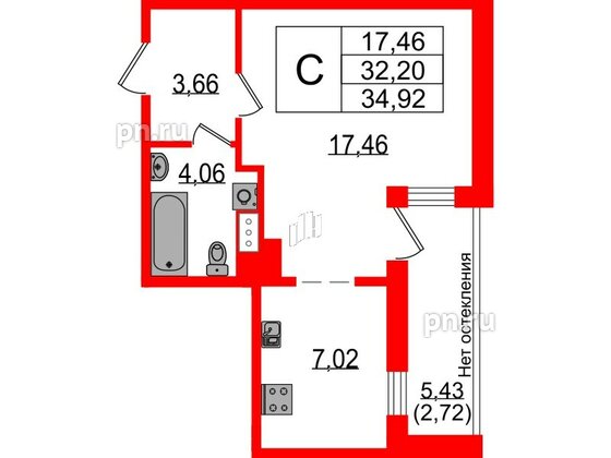 Квартира в ЖК Sertolovo Park, студия, 34.92 м², 4 этаж