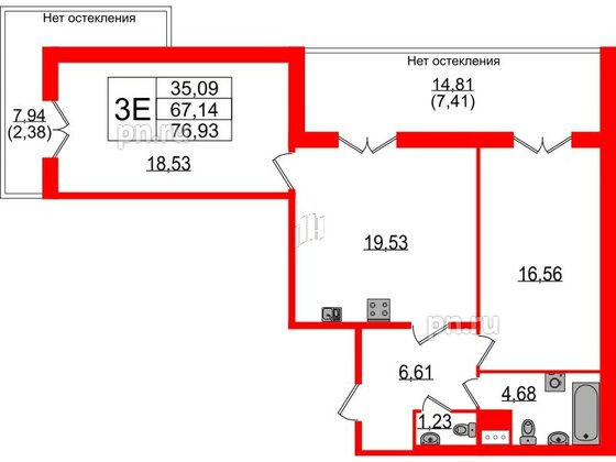 Квартира в ЖК Sertolovo Park, 2 комнатная, 76.93 м², 3 этаж