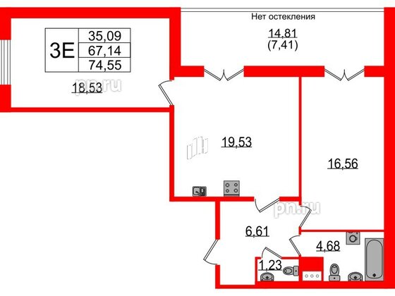 Квартира в ЖК Sertolovo Park, 2 комнатная, 74.55 м², 4 этаж