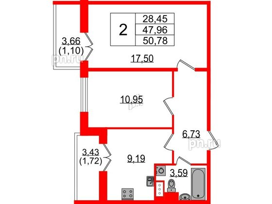 Квартира в ЖК Сертолово Парк, 2 комнатная, 47.4 м², 4 этаж