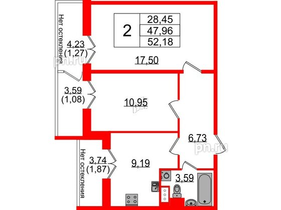 Квартира в ЖК Sertolovo Park, 2 комнатная, 52.18 м², 5 этаж