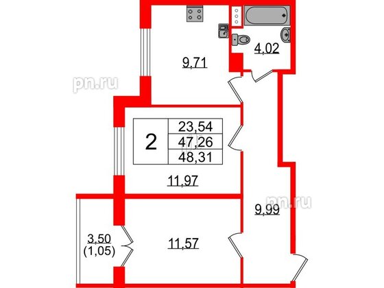 Квартира в ЖК Сертолово Парк, 2 комнатная, 47 м², 4 этаж