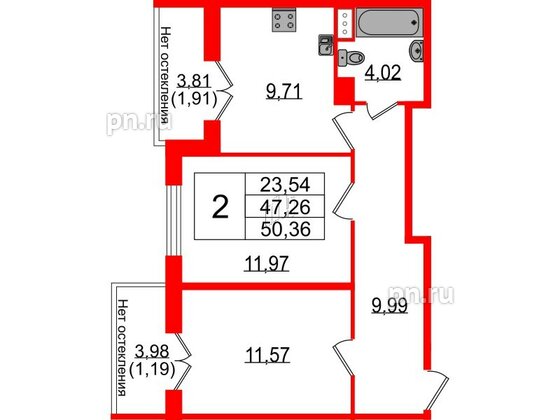 Квартира в ЖК Сертолово Парк, 2 комнатная, 46.8 м², 8 этаж