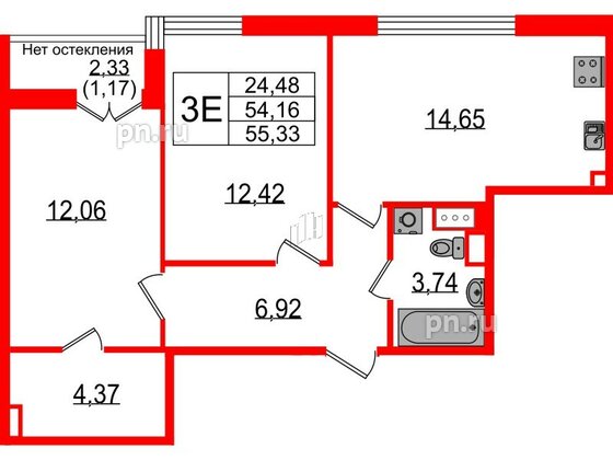 Квартира в ЖК Sertolovo Park, 2 комнатная, 55.33 м², 3 этаж