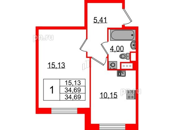 Квартира в ЖК Sertolovo Park, 1 комнатная, 34.69 м², 2 этаж