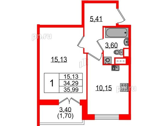 Квартира в ЖК Sertolovo Park, 1 комнатная, 35.99 м², 8 этаж