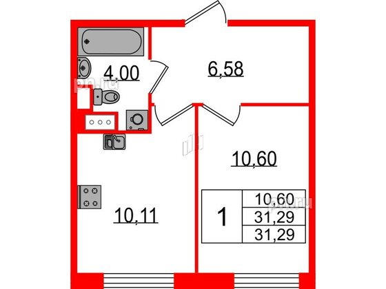 Квартира в ЖК Sertolovo Park, 1 комнатная, 31.29 м², 2 этаж