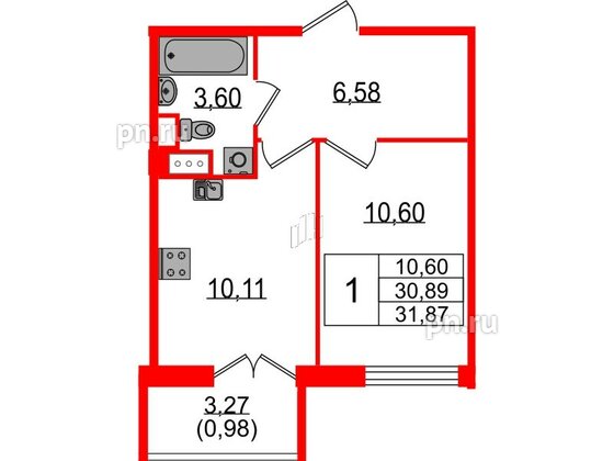 Квартира в ЖК Sertolovo Park, 1 комнатная, 31.87 м², 5 этаж