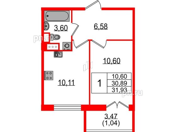 Квартира в ЖК Sertolovo Park, 1 комнатная, 31.93 м², 7 этаж