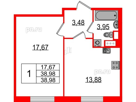 Квартира в ЖК Sertolovo Park, 1 комнатная, 38.98 м², 2 этаж