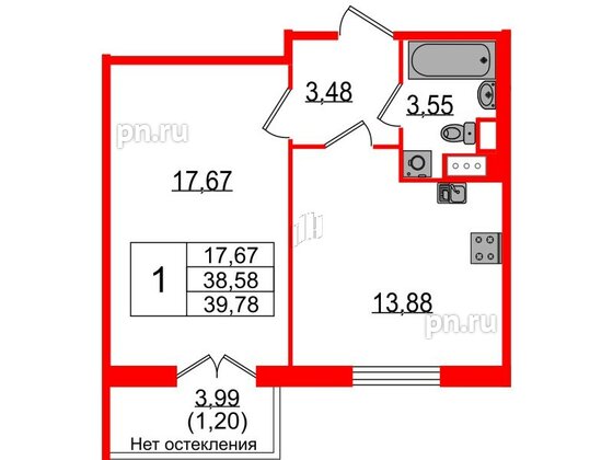 Квартира в ЖК Sertolovo Park, 1 комнатная, 39.78 м², 6 этаж