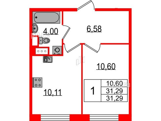 Квартира в ЖК Sertolovo Park, 1 комнатная, 31.29 м², 1 этаж