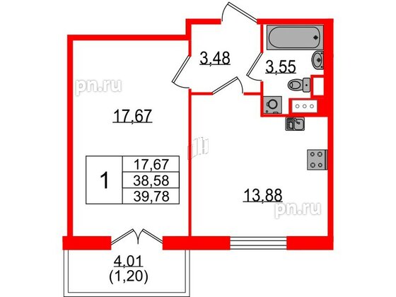 Квартира в ЖК Sertolovo Park, 1 комнатная, 39.78 м², 4 этаж
