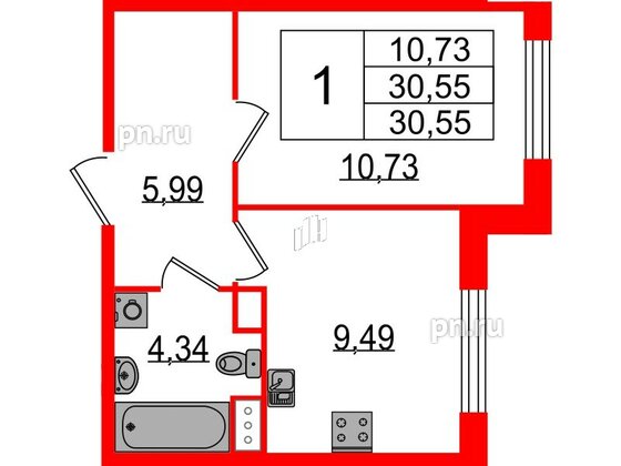 Квартира в ЖК Sertolovo Park, 1 комнатная, 30.55 м², 1 этаж