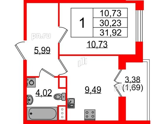 Квартира в ЖК Sertolovo Park, 1 комнатная, 31.92 м², 4 этаж