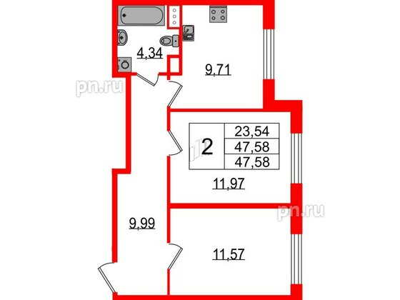 Квартира в ЖК Sertolovo Park, 2 комнатная, 47.58 м², 1 этаж