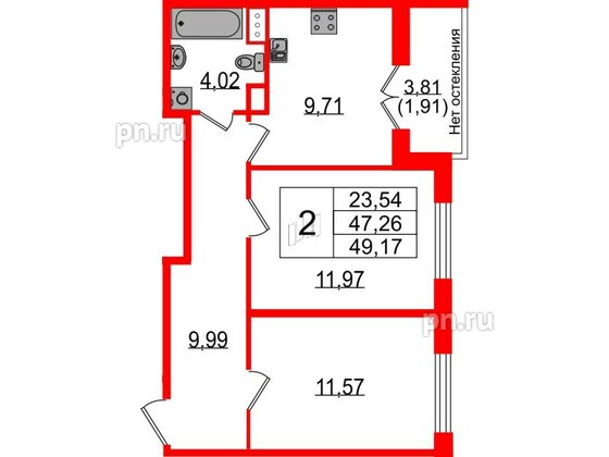 Квартира в ЖК Sertolovo Park, 2 комнатная, 49.17 м², 3 этаж