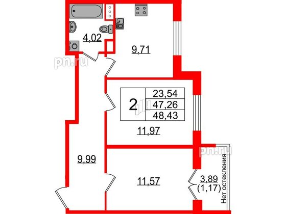 Квартира в ЖК Sertolovo Park, 2 комнатная, 48.43 м², 4 этаж