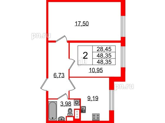 Квартира в ЖК Sertolovo Park, 2 комнатная, 48.35 м², 1 этаж