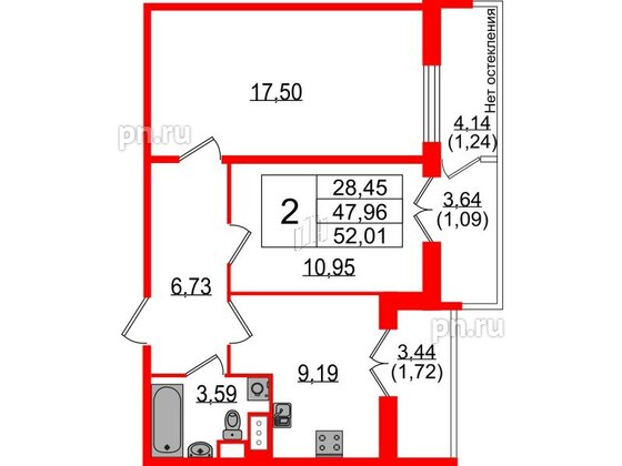 Квартира в ЖК Sertolovo Park, 2 комнатная, 52.01 м², 4 этаж