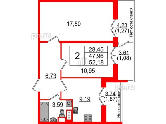 Квартира в ЖК Sertolovo Park, 2 комнатная, 52.18 м², 5 этаж