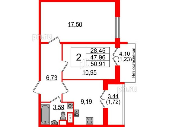 Квартира в ЖК Sertolovo Park, 2 комнатная, 50.91 м², 6 этаж