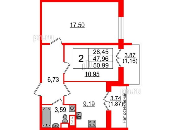 Квартира в ЖК Sertolovo Park, 2 комнатная, 50.99 м², 7 этаж