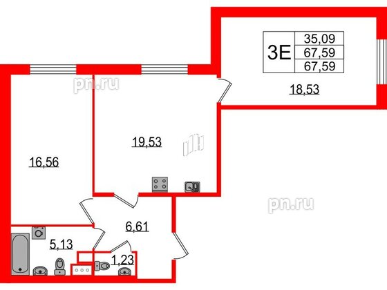 Квартира в ЖК Sertolovo Park, 2 комнатная, 67.59 м², 1 этаж