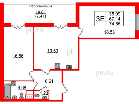 Квартира в ЖК Sertolovo Park, 2 комнатная, 74.55 м², 2 этаж