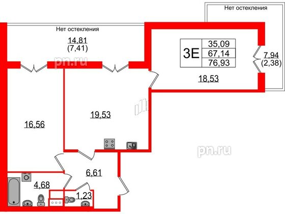 Квартира в ЖК Sertolovo Park, 2 комнатная, 76.93 м², 3 этаж