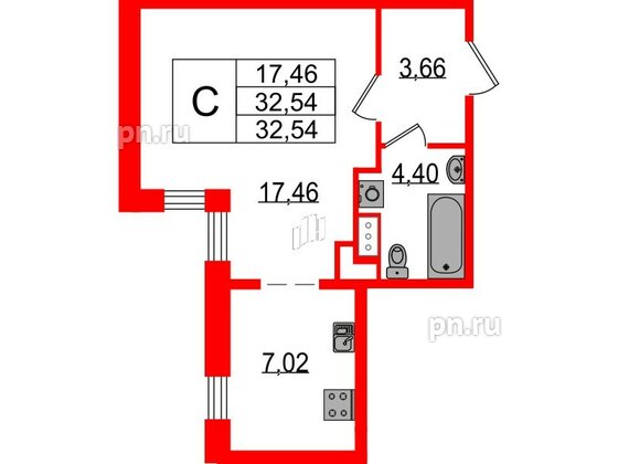 Квартира в ЖК Sertolovo Park, студия, 32.54 м², 2 этаж