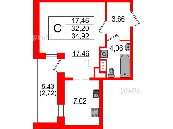 Квартира в ЖК Sertolovo Park, студия, 34.92 м², 3 этаж