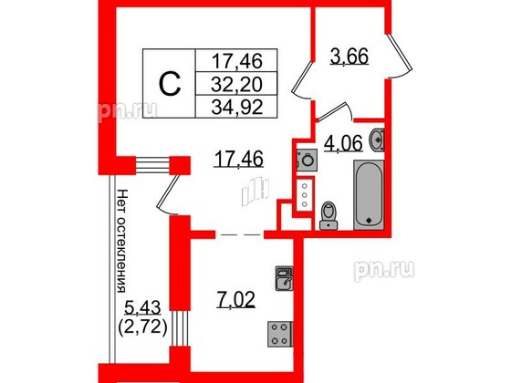 Квартира в ЖК Sertolovo Park, студия, 34.92 м², 4 этаж