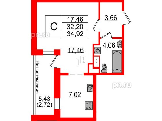 Квартира в ЖК Sertolovo Park, студия, 34.92 м², 6 этаж