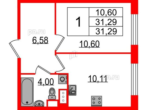 Квартира в ЖК Sertolovo Park, 1 комнатная, 31.29 м², 1 этаж