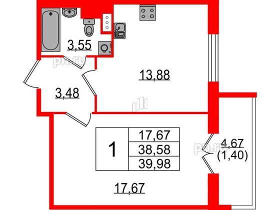 Квартира в ЖК Sertolovo Park, 1 комнатная, 39.98 м², 4 этаж