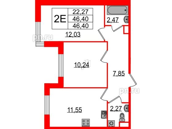 Квартира в ЖК Sertolovo Park, 2 комнатная, 46.4 м², 1 этаж