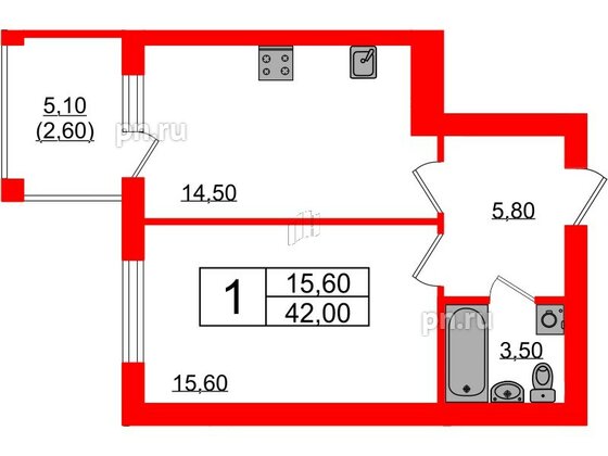 Квартира в ЖК «Сиреневый бульвар», 1 комнатная, 42 м², 2 этаж