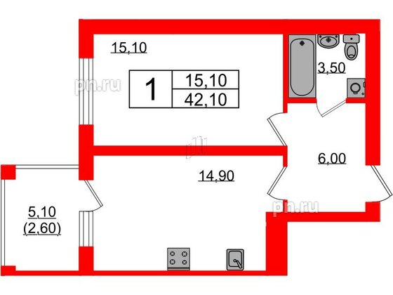 Квартира в ЖК «Сиреневый бульвар», 1 комнатная, 42.1 м², 2 этаж