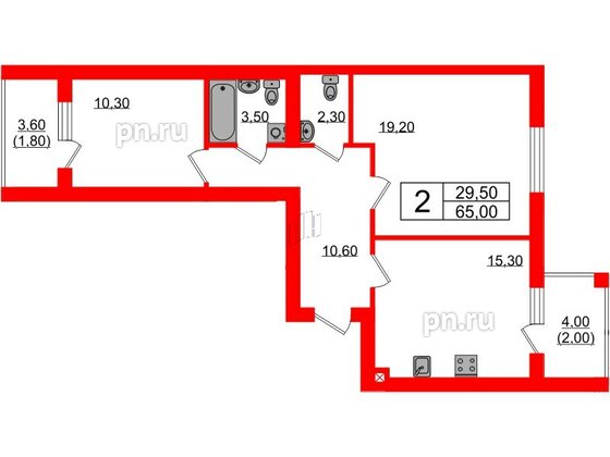 Квартира в ЖК «Сиреневый бульвар», 2 комнатная, 65 м², 4 этаж