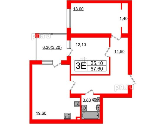 Квартира в ЖК «Сиреневый бульвар», 2 комнатная, 67.6 м², 2 этаж