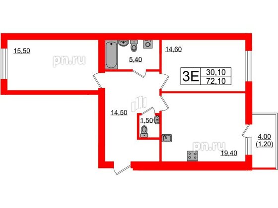 Квартира в ЖК «Сиреневый бульвар», 2 комнатная, 72.1 м², 4 этаж