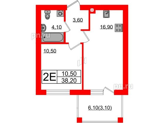 Квартира в ЖК «Сиреневый бульвар», 1 комнатная, 38.2 м², 3 этаж