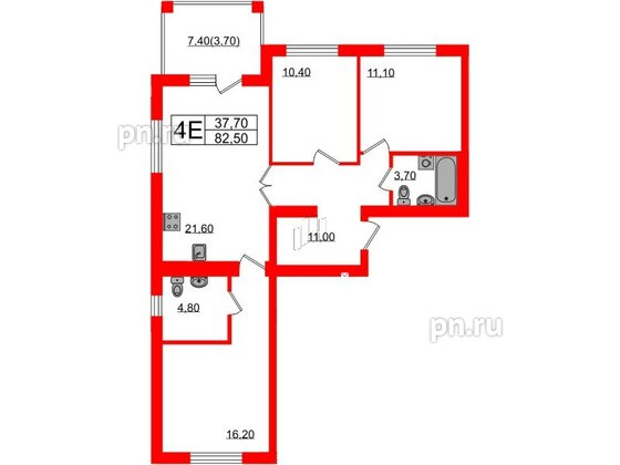 Квартира в ЖК «Сиреневый бульвар», 3 комнатная, 82.5 м², 3 этаж