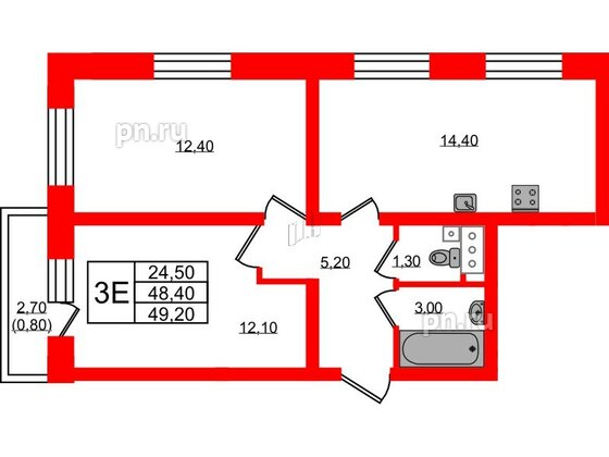 Квартира в ЖК Ржевский парк, 2 комнатная, 49.2 м², 3 этаж