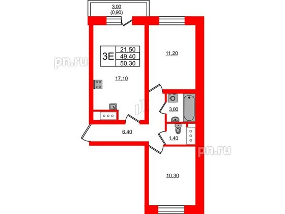 Квартира в ЖК Ржевский парк, 2 комнатная, 50.3 м², 3 этаж