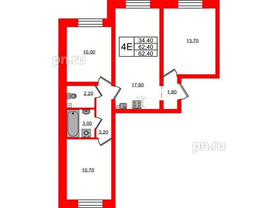 Квартира в ЖК Ржевский парк, 3 комнатная, 62.4 м², 1 этаж