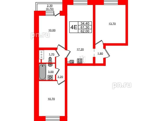 Квартира в ЖК Ржевский парк, 3 комнатная, 62 м², 5 этаж